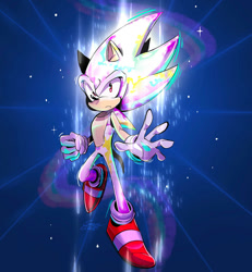 Size: 1024x1106 | Tagged: safe, artist:skyjanquest, sonic the hedgehog, 2023, abstract background, clenched fist, flying, frown, hyper form, hyper sonic, solo, sparkles