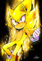 Size: 1280x1842 | Tagged: safe, artist:skyjanquest, sonic the hedgehog, super sonic, sonic frontiers, 2023, black background, clenched fist, deviantart watermark, frown, looking offscreen, obtrusive watermark, signature, simple background, solo, super form, watermark