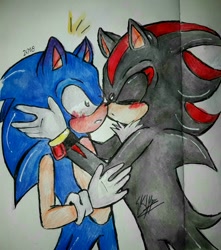 Size: 1536x1734 | Tagged: safe, artist:skyjanquest, shadow the hedgehog, sonic the hedgehog, 2018, blushing, duo, eyes closed, gay, holding them, nuzzle, shadow x sonic, shipping, shrunken pupils, signature, simple background, standing, surprised, traditional media