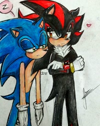 Size: 1423x1776 | Tagged: safe, artist:skyjanquest, shadow the hedgehog, sonic the hedgehog, 2018, arms folded, blushing, duo, gay, heart, lidded eyes, shadow x sonic, shipping, signature, simple background, standing, traditional media