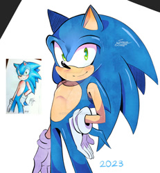 Size: 1024x1106 | Tagged: safe, artist:skyjanquest, sonic the hedgehog, 2023, blushing, deviantart watermark, hand on hip, looking at viewer, obtrusive watermark, redraw, reference inset, simple background, smile, standing, traditional media, watermark