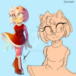 Size: 1024x1024 | Tagged: safe, artist:skyjanquest, amy rose, 2023, blue background, blushing, deviantart watermark, mouth open, obtrusive watermark, signature, simple background, smile, solo, standing, watermark