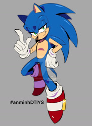 Size: 1024x1410 | Tagged: safe, artist:skyjanquest, sonic the hedgehog, 2023, deviantart watermark, grey background, hand on hip, lidded eyes, looking at viewer, obtrusive watermark, pointing, signature, simple background, solo, watermark