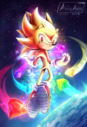 Size: 2804x4096 | Tagged: safe, artist:axely4001, sonic the hedgehog, super sonic, 2024, abstract background, chaos emerald, flying, frown, looking back, outer space, signature, space, sparkles, star (sky), super form, watermark