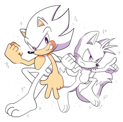 Size: 4000x3980 | Tagged: safe, artist:domestic maid, miles "tails" prower, sonic the hedgehog, 2022, alternate eye color, barefoot, clenched fist, duo, frown, gloves off, hyper form, hyper sonic, hyper tails, looking at viewer, looking offscreen, outline, purple eyes, shoes off, signature, simple background, smile, socks off, sparkles, transparent background, v sign