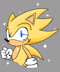 Size: 1710x2072 | Tagged: safe, artist:stillartistic, sonic the hedgehog, super sonic 2, sonic frontiers, 2023, clenched fist, frown, grey background, looking at viewer, simple background, solo, sparkles, super form