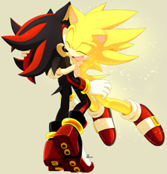 Size: 1089x1130 | Tagged: safe, artist:myly14, shadow the hedgehog, sonic the hedgehog, super sonic, 2015, beige background, duo, eyes closed, flying, gay, hugging, shadow x sonic, shipping, signature, simple background, smile, sparkles, standing, super form