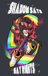 Size: 1080x1691 | Tagged: safe, artist:kiwikimini, shadow the hedgehog, 2019, english text, gay pride, gay rights, gloves off, grey background, holding something, lidded eyes, looking up, pride, pride flag, simple background, smile, solo, sparkles, tongue out, wristband