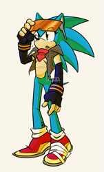 Size: 1321x2192 | Tagged: safe, artist:tracingpapier, sonic the hedgehog, 2023, alternate shoes, bandana, eyelashes, fingerless gloves, glasses, jacket, long gloves, looking offscreen, mouth open, signature, simple background, solo, standing, top surgery scars, trans male, transgender