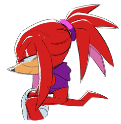 Size: 1147x1170 | Tagged: safe, artist:candycatstuffs, knuckles the echidna, 2023, clothes, cropped hoodie, frown, lidded eyes, looking ahead, looking offscreen, ponytail, side view, simple background, sitting, sketch, solo, white background