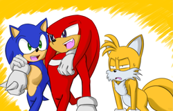 Size: 1525x977 | Tagged: safe, artist:shimecm, knuckles the echidna, miles "tails" prower, sonic the hedgehog, 2018, abstract background, arm around shoulders, faic, gay, knuxonic, looking at each other, looking at them, mouth open, shipping, shrunken pupils, standing, sweatdrop, talking, team sonic, third wheel, trio, walking