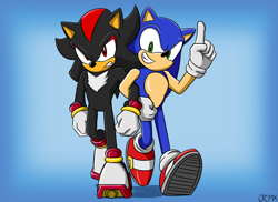 Size: 2638x1921 | Tagged: safe, artist:shimecm, shadow the hedgehog, sonic the hedgehog, 2021, clenched teeth, duo, frown, gay, gradient background, linking arms, looking at viewer, pointing, shadow x sonic, shipping, signature, smile, walking