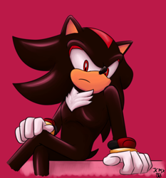 Size: 1276x1369 | Tagged: safe, artist:shimecm, shadow the hedgehog, 2020, frown, legs crossed, looking at viewer, pink background, posing, signature, simple background, sitting, solo