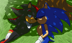 Size: 1024x609 | Tagged: safe, artist:shimecm, shadow the hedgehog, sonic the hedgehog, 2018, abstract background, clenched teeth, daytime, duo, gay, grass, lidded eyes, looking at them, lying down, lying on side, outdoors, shadow x sonic, shipping, smile, tree, under a tree