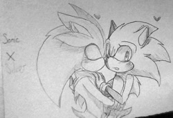 Size: 854x585 | Tagged: safe, artist:xxsjdoodlesxx, silver the hedgehog, sonic the hedgehog, 2017, blushing, character name, cute, duo, eyes closed, gay, heart, holding each other, kiss on cheek, pencilwork, shipping, sonilver, traditional media
