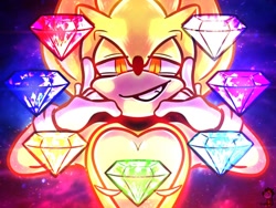 Size: 640x480 | Tagged: safe, artist:constant-cod3011, sonic the hedgehog, super sonic, abstract background, chaos emerald, clenched teeth, hands on own face, heart chest, lidded eyes, looking at viewer, smile, solo, super form, top surgery scars, trans male, transgender
