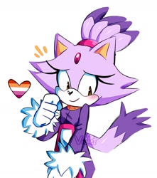 Size: 1446x1634 | Tagged: safe, artist:violetmadness7, blaze the cat, 2020, blazebetes, blushing, cute, heart, heart nose, lesbian, lesbian pride, pride, pride flag, signature, simple background, solo, standing, white background