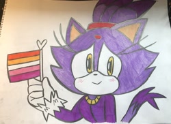 Size: 2048x1492 | Tagged: safe, artist:afterli51707799, blaze the cat, 2022, blazebetes, blushing, cute, flag, heart, holding something, looking at viewer, pride, pride flag, redraw, smile, solo, traditional media