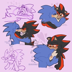 Size: 2048x2048 | Tagged: safe, artist:sonder_starworm, shadow the hedgehog, sonic the hedgehog, 2020, blushing, chest fluff, cute, duo, english text, gay, heart, hugging, kiss, kiss on cheek, purple background, sfx, shadow x sonic, shadowbetes, shipping, simple background, sleeping, sonabetes, standing, wagging tail, zzz