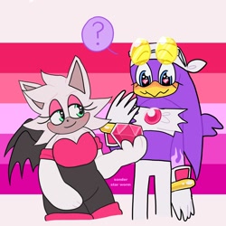 Size: 2000x2000 | Tagged: safe, artist:sonder_starworm, wave the swallow, 2020, blushing, chaos emerald, cute, duo, heart eyes, holding something, lesbian, lesbian pride, pride, pride flag, pride flag background, question mark, rougabetes, shipping, standing, wavabetes, wavouge