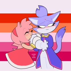 Size: 2000x2000 | Tagged: safe, artist:sonder_starworm, amy rose, blaze the cat, 2020, amy x blaze, amybetes, blazebetes, blushing, cute, duo, holding hands, lesbian, lesbian pride, looking at them, pride, pride flag, pride flag background, shipping, signature, standing