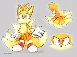 Size: 2048x1536 | Tagged: safe, artist:thatbirdguy_, miles "tails" prower, super tails, 2023, alternate super form, angry, grey background, kitsune, signature, simple background, solo, standing, super form