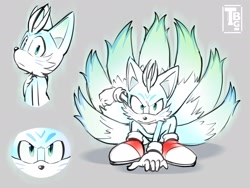 Size: 2048x1536 | Tagged: safe, artist:thatbirdguy_, miles "tails" prower, 2024, grey background, hyper form, hyper tails, kitsune, simple background, solo