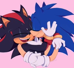 Size: 920x850 | Tagged: safe, artist:jingleding0, shadow the hedgehog, sonic the hedgehog, 2024, blushing, bust, cute, duo, eyes closed, gay, heart, holding each other, holding hands, licking, licking face, mouth open, pink background, shadow x sonic, shadowbetes, shipping, simple background, smile, sonabetes, tongue out