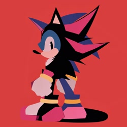 Size: 2048x2048 | Tagged: safe, artist:kuroiyuki96, shadow the hedgehog, sonic the hedgehog, sonic superstars, 2024, alternate version, classic sonic, cosplay, kigurumi, lineless, looking back at viewer, red background, simple background, solo, standing