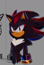 Size: 1041x1535 | Tagged: safe, artist:aze_mtz0, shadow the hedgehog, 2024, frown, grey background, looking at viewer, simple background, solo, standing, w.i.p