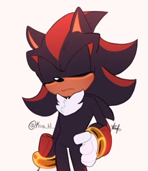 Size: 1780x2048 | Tagged: safe, artist:kira_hl_, shadow the hedgehog, 2024, eyes closed, frown, hand on hip, signature, simple background, solo, standing, white background