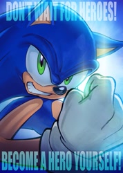 Size: 731x1024 | Tagged: safe, artist:9raviolly, sonic the hedgehog, 2024, clenched fist, clenched teeth, english text, motivation, positivity, poster, smile, solo