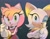 Size: 2048x1612 | Tagged: safe, artist:steffy_bs, amy rose, rouge the bat, 2024, duo, gradient background, looking at viewer, reaching towards the viewer, signature, smile, smiling at viewer, tongue out, wink, winking at viewer