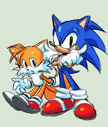 Size: 1100x1289 | Tagged: safe, artist:kolsanart, miles "tails" prower, sonic the hedgehog, 2023, :o, duo, green background, looking at viewer, mouth open, pointing, simple background, sketch, smile, standing