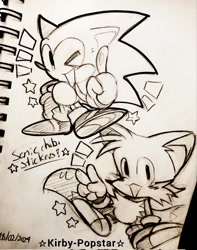 Size: 805x1024 | Tagged: safe, artist:kirby-popstar, miles "tails" prower, sonic the hedgehog, 2024, blushing, chibi, cute, duo, line art, mouth open, pointing, signature, sitting, smile, sonabetes, standing on one leg, star (symbol), tailabetes, traditional media, w.i.p, wink