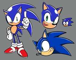Size: 1028x813 | Tagged: safe, artist:maxoke_, sonic the hedgehog, 2024, :|, grey background, looking at viewer, looking offscreen, mouth open, pointing, simple background, smile, solo, standing