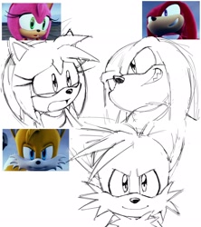 Size: 1822x2048 | Tagged: safe, artist:chronocrump, amy rose, knuckles the echidna, miles "tails" prower, sonic frontiers, 2024, clenched teeth, frown, line art, mouth open, redraw, reference inset, simple background, sketch, smile, trio, white background