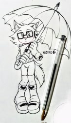 Size: 1198x2048 | Tagged: safe, artist:kojiro jhyle, gadget the wolf, 2024, boots, frown, holding something, line art, looking at viewer, penwork, signature, solo, standing, traditional media, umbrella, w.i.p