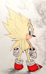 Size: 644x1024 | Tagged: safe, artist:juniooneonone40, sonic the hedgehog, super sonic, 2024, classic sonic, clenched fists, looking back at viewer, sketch, solo, standing, super form, traditional media