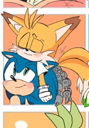Size: 367x526 | Tagged: safe, artist:giaoux, miles "tails" prower, nine, sonic the hedgehog, sonic prime, 2024, blushing, cute, duo, eyes closed, gay, looking at them, nine x sonic, shipping, smile, sonic x tails