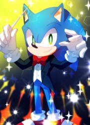 Size: 1358x1872 | Tagged: safe, artist:plus2sf, sonic the hedgehog, 2024, abstract background, baton, holding something, looking at viewer, smile, solo, sonic symphony, sparkles, standing