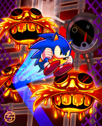 Size: 879x1080 | Tagged: safe, artist:thecongressman1, sonic the hedgehog, sonic spinball, abstract background, lava powerhouse, roboiler, signature