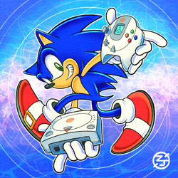 Size: 1024x1024 | Tagged: safe, artist:thecongressman1, sonic the hedgehog, sonic adventure, abstract background, anniversary, dreamcast, holding something, looking at viewer, outline, posing, signature, smile, solo