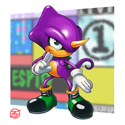 Size: 1300x1300 | Tagged: safe, artist:thecongressman1, espio the chameleon, knuckles chaotix, abstract background, classic espio, frown, looking offscreen, signature, solo, standing
