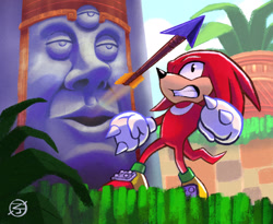 Size: 1920x1571 | Tagged: safe, artist:thecongressman1, knuckles the echidna, marble garden zone, abstract background, arrow, classic knuckles, clenched teeth, signature, solo, standing, strange relief