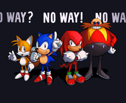 Size: 1080x886 | Tagged: safe, artist:thecongressman1, knuckles the echidna, miles "tails" prower, robotnik, sonic the hedgehog, arms folded, classic knuckles, classic robotnik, classic sonic, classic tails, english text, frown, grey background, group, hands on hips, looking at viewer, no way screen, pointing, redraw, simple background, smile, standing, waving