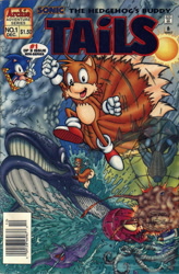 Size: 989x1511 | Tagged: safe, artist:harvo, artist:patrick spaziante, miles "tails" prower, sonic the hedgehog, character name, comic cover, english text, explosion, flying, literal animal, official artwork, robot, sonic the hedgehog's buddy tails (issue 1), spinning tails, wale