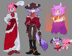 Size: 1600x1241 | Tagged: safe, artist:balestrra, amy rose, blaze the cat, cat, hedgehog, 2022, alternate universe, amy x blaze, cute, dress, female, females only, flame, hat, lesbian, looking at them, shipping
