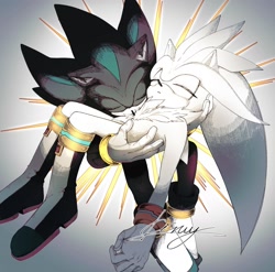 Size: 2009x1987 | Tagged: safe, artist:mgmg_kiryusub, mephiles the dark, silver the hedgehog, 2024, carrying them, duo, eyes closed, gay, gradient background, mephilver, shipping, signature, unconscious