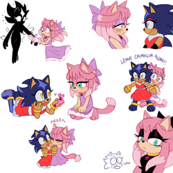 Size: 2000x2000 | Tagged: safe, artist:emthimofnight, oc, oc:camellia the cat, oc:stellar the hedgehog, cat, hedgehog, 2024, blushing, dark form, dialogue, duo, duo female, english text, fankid, female, females only, goth outfit, lesbian, magical gay spawn, magical lesbian spawn, oc x oc, parent:amy, parent:blaze, parent:shadow, parent:sonic, parents:blazamy, parents:sonadow, purring, sfx, shipping, simple background, smile, white background